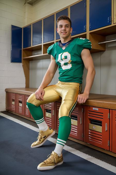 In an American football locker room, (sitting on a locker room bench), legs spread open, ConnorPeters is a (American football player) wearing (((green color jersey))), ((shoulder pads)), ((jersey number 88)), (((pale gold football pants and pads))), ((green socks)), (long socks), (black sneakers:1.2), smile, highly detailed, sharp focus, masterpiece, (((full body portrait))), (full body), wide angle, (high face detail)   <lora:ConnorPeters:0.8>