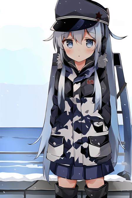 1girl, hibiki, verniy, (at full size), blue hair, long hair, blue eyes, small height, little girl, camouflage coat, ussr fleet cap, school boots, pleated skirt, winter, snowfall, blue sky, ocean, winter ocean, ussr