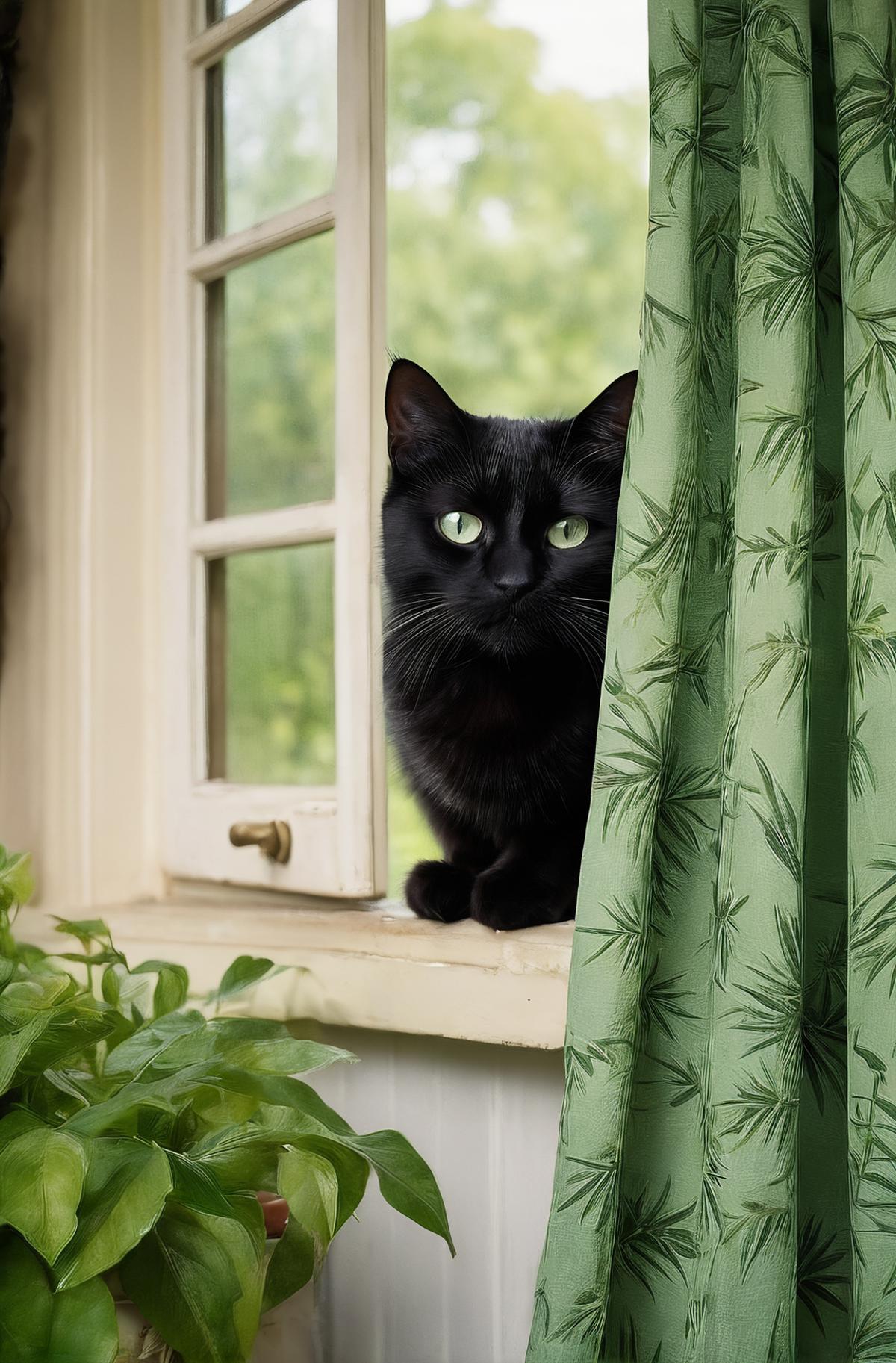 A black cat with green eyes looking out the window.