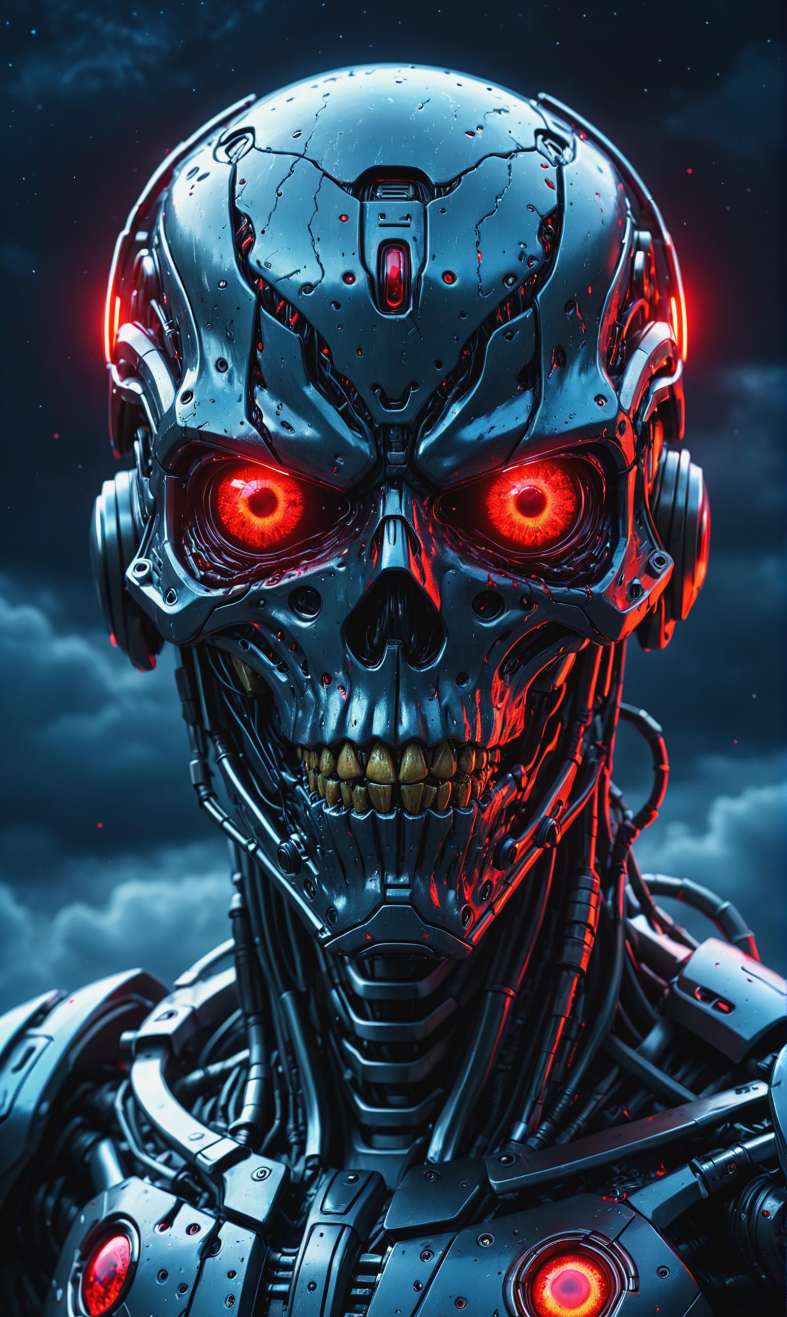The Robot's Face: A Cybernetic Artwork with Glowing Red Eyes and Yellow Teeth against a Dark Background.