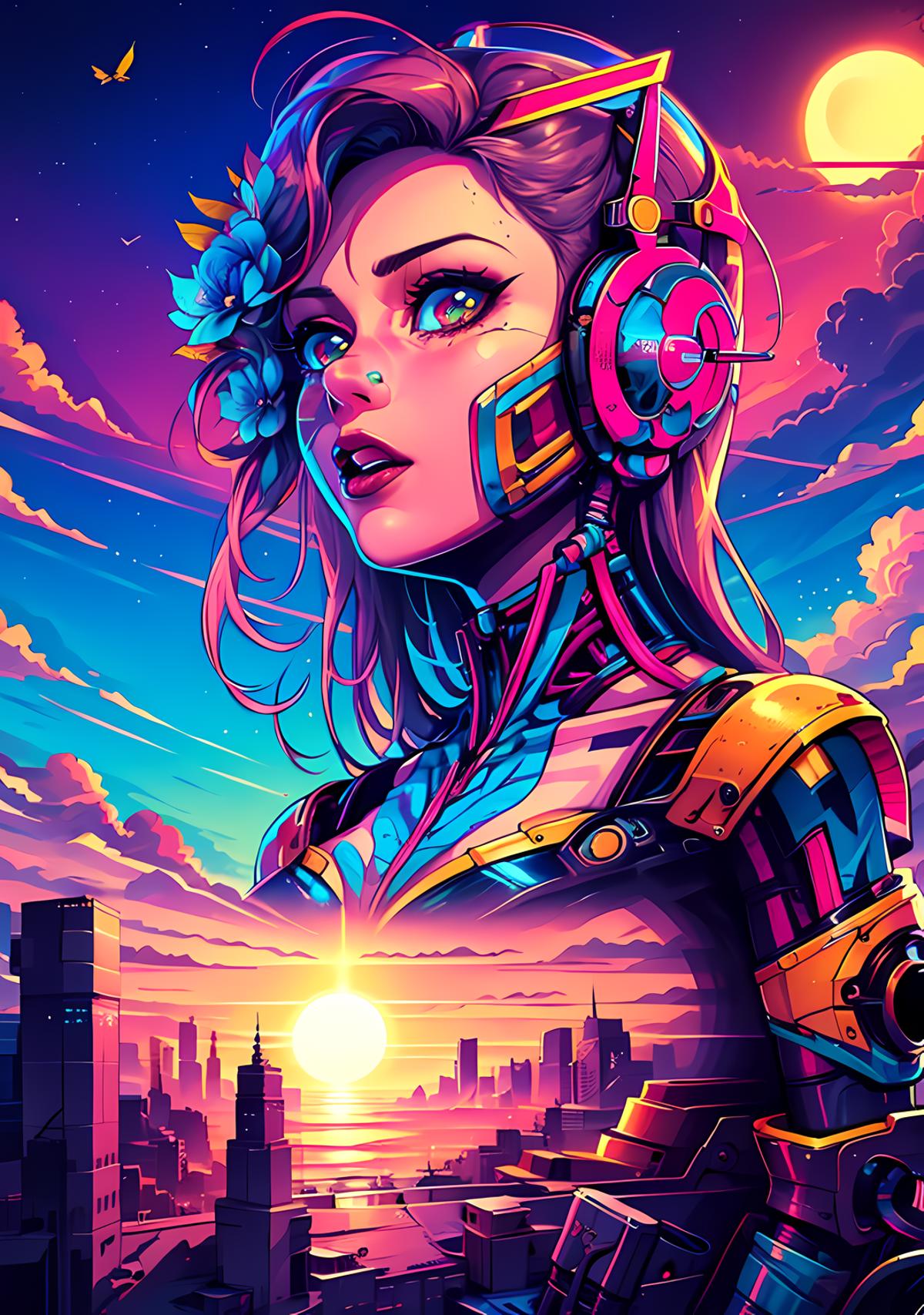 A woman wearing headphones with a sunset in the background.