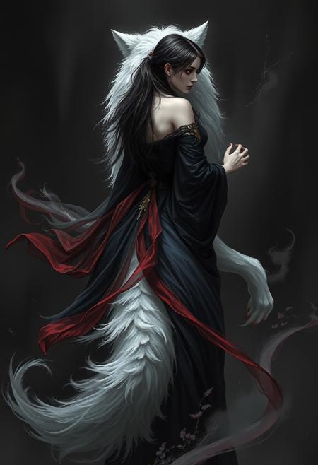 Monochrome, black and white photo, a digital painting featuring a mystical and haunting scene. At the center is a young woman with pale skin and long, dark hair, dressed in a flowing black and red dress adorned with gold accents. Her back is to the viewer, and she appears to be embracing a large, ethereal wolf. The wolf's fur is predominantly white, with hints of gray, and it has piercing red eyes that seem to glow ominously. The wolf's fur is rendered in a way that suggests movement, with wisps and tendrils swirling around the woman and the wolf. The background is dark and shadowy, with subtle hints of a misty or smoky atmosphere that adds to the mystical and otherworldly feel of the image. The overall color palette is dominated by dark tones with occasional highlights of white and gold, creating a dramatic and surreal effect. The style of the painting is highly detailed and realistic, with a focus on texture and movement, giving it a lifelike yet fantastical quality. The woman's dress and the wolf's fur are rendered with intricate detail, emphasizing the contrast between the delicate human form and the wild, untamed nature of the wolf.