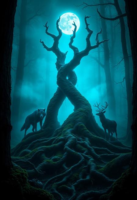 “A hyper-realistic, eerie depiction of the Algiz rune in a mist-shrouded, ancient forest. The Algiz symbol towers above, crafted from dark, gnarled branches that twist upward, almost resembling skeletal fingers reaching toward a dim, ominous moon. The symbol glows with a ghostly, electric-blue hue that pulses subtly, casting shadows across the forest floor, thick with moss and tangled roots. Strange, spectral animals—wolf-like creatures with piercing eyes, a lone raven perched on a twisted branch, and a spectral elk with glowing antlers—surround the rune in a protective, ritualistic stance. The mist swirls with a soul-like essence, tinted in dark blues, greens, and deep purples, creating an otherworldly, haunting atmosphere. Sharp details capture the cracked bark, dripping moisture, and faint imprints of ancient runes carved into the surrounding trees, giving an impression of a place suspended in time. This scene has a foreboding, supernatural beauty, capturing both mystery and protection with a vivid, spectral allure.”