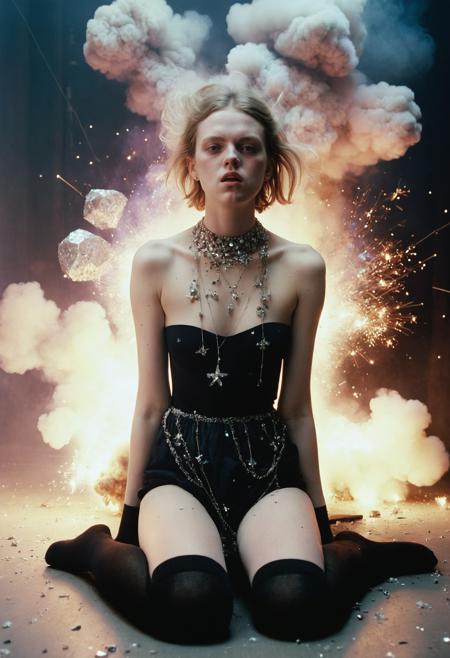 a massive explosion is scaring a woman, fog, glitter, gems, pretty, small breasts, necklace, serious expression, black overknees socks, analog photo, dreamy haze, Fujicolor Pro, Tim Walker