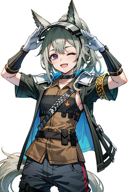 masterpiece, best quality,  blueuniformgrani, 1girl, horse ears,solo, brown shirt, one eye closed, weapon, smile, holding, white background, shirt, holding weapon,(hip vent), pants, simple background, looking at viewer, open mouth, ;d, armband, holding polearm, polearm, open clothes, salute, visor cap  <lora:graniex-000009:1>