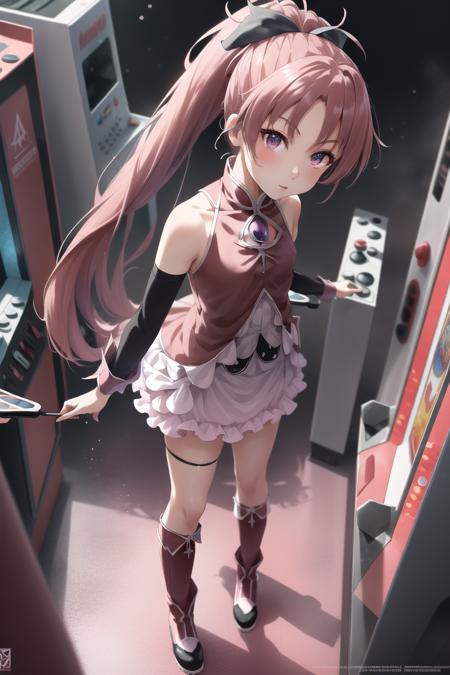 pmmmKyouko, solo, full body, from above, \(a girl using an arcade cabinet\), (detailed shiny anime style eyes), flat chest, detailed textures, neon lighting, colorful lighting, aesthetic, intricate, glowing, bokeh, sharp focus,  <lora:KyoukoSakura:1>