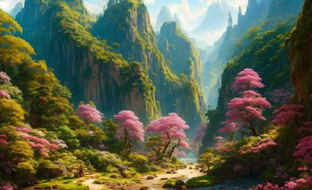 ChromaV5, nvinkpunk,(extremely detailed CG unity 8k wallpaper), An Landscape of a majestic jungle surrounded by lush pink foliage, award winning photography, Chromatic Aberration, Detailed , HDR, Bloom,majestic oil painting by , Thomas Cole, Frederic Church, and Albert Bierstadt ,trending on artstation, trending on CGsociety, Intricate, High Detail, dramatic, art by midjourney