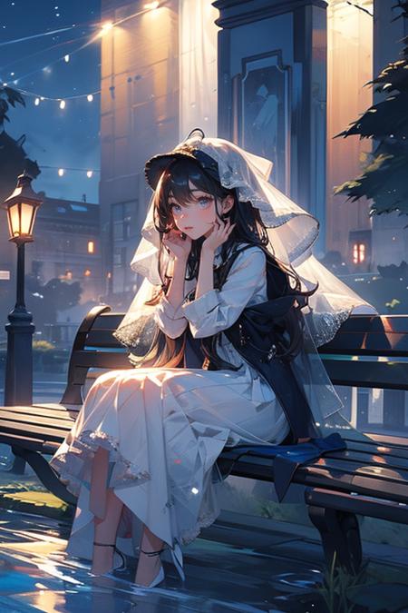 a woman in a white dress sitting on a bench next to the water at night with a veil on her head, Du Qiong, cosplay, a hologram, rococo