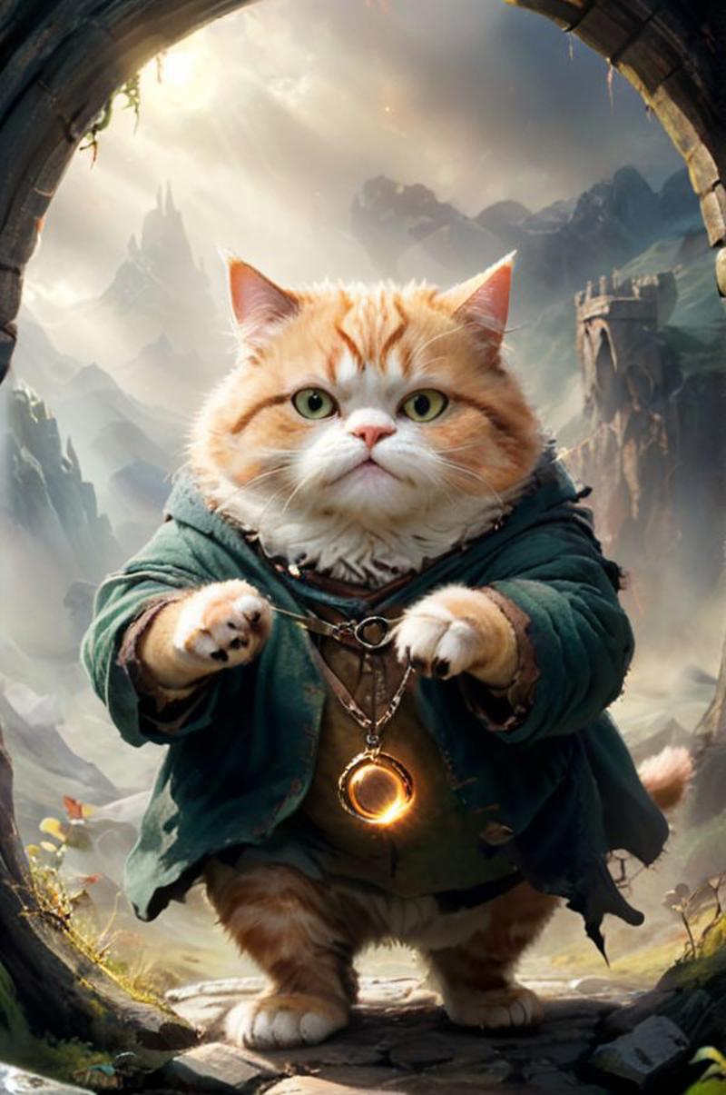A Cat in a Wizard's Outfit Holds a Ring and a Bell