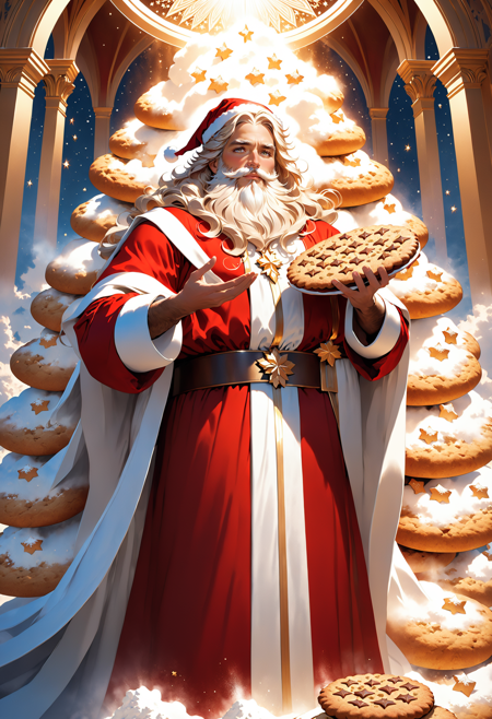 holidayxl style,Perfectly-centered portrait-photograph of a real life godly orna santa with cookies descending from heaven, lifelike, super highly detailed, professional digital painting, artstation, concept art, Unreal Engine 5, Photorealism, HD quality, 8k resolution, cinema 4d, 3D, beautiful, cinematic, art by artgerm and greg rutkowski and alphonse mucha and loish and WLOP  <lora:HolidaysIdidalittlebiteXL:1>