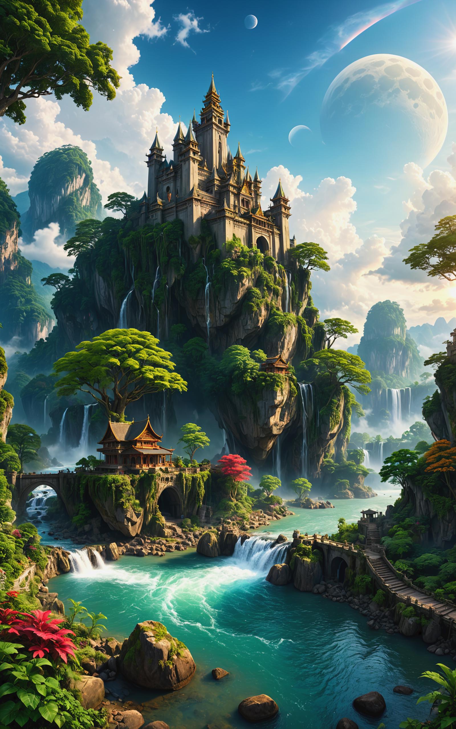 Artistic Illustration of a Castle Amidst a Mountainous Landscape with Waterfall and Trees
