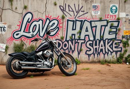Visualize a gritty, urban graffiti artwork on a cracked and worn concrete wall. In the foreground, a highly detailed American chopper motorcycle sits prominently, with chrome finishes reflecting the rough environment. The graffiti features the words ‘LOVE HATE DON’T SHAKE,’ each word styled distinctly: ‘LOVE’ in fluid, slightly faded script with soft curves, ‘HATE’ in jagged, chaotic block letters with sharp edges, and ‘DON’T SHAKE’ in bold, heavy strokes, dripping with paint. The wall is overgrown with patches of wild grass sprouting from cracks, and marijuana flowers artistically intertwined with the graffiti, growing along the edges of the letters and adding to the rebellious feel. The background is filled with worn, peeling posters, smudged colors, and dirty textures, evoking a raw, grunge, street vibe. The motorcycle’s tires leave marks in the dirt below, completing the gritty urban scene