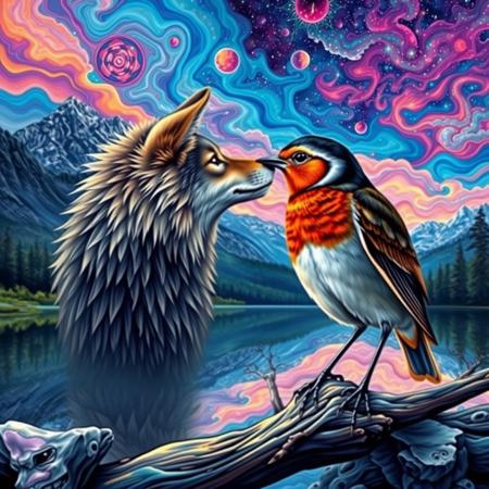 male wolf and a female robin staring lovingly into each other eyes while tripping on LSD by a lake in the mountains under a trippy psychedelic sky. psychedelic artwork style of alex grey