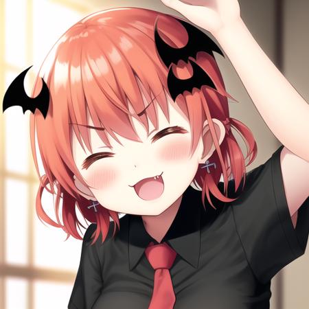 Kurumizawa, 1girl, satanichia kurumizawa mcdowell, bat hair ornament, >_<, solo, necktie, open mouth, hair ornament, fang, red hair, shirt, black shirt, arm up, smile, red necktie, closed eyes, cross, :3, :d, hair rings, upper body, inverted cross, collared shirt, indoors, xd, blush, v-shaped eyebrows, short sleeves, breasts <lora:Kurumizawa:1>