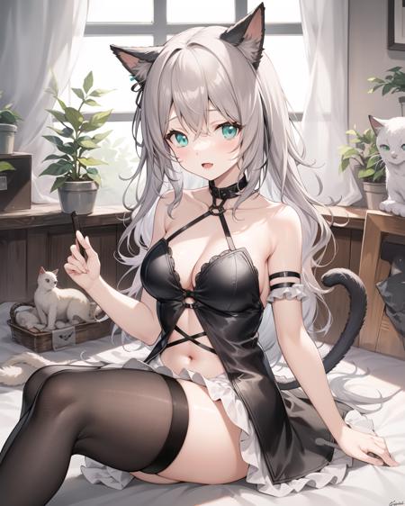 arknights_mint,animal ears, holding, cat ears,cat tail, dress, black thighhighs, grey hair,cat girl,