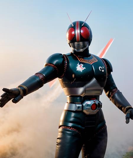 cinematic film still , lens flare, realistic, depth of field, RAW photo,   <lora:quiron_KamenriderBlack_v1_lora:0.87> KamenRiderQuiron character,  (hero pose), Drone Shot (Aerial type photos), fog,  . shallow depth of field, vignette, highly detailed, high budget Hollywood movie, bokeh, cinemascope, moody, epic, gorgeous, film grain, grainy