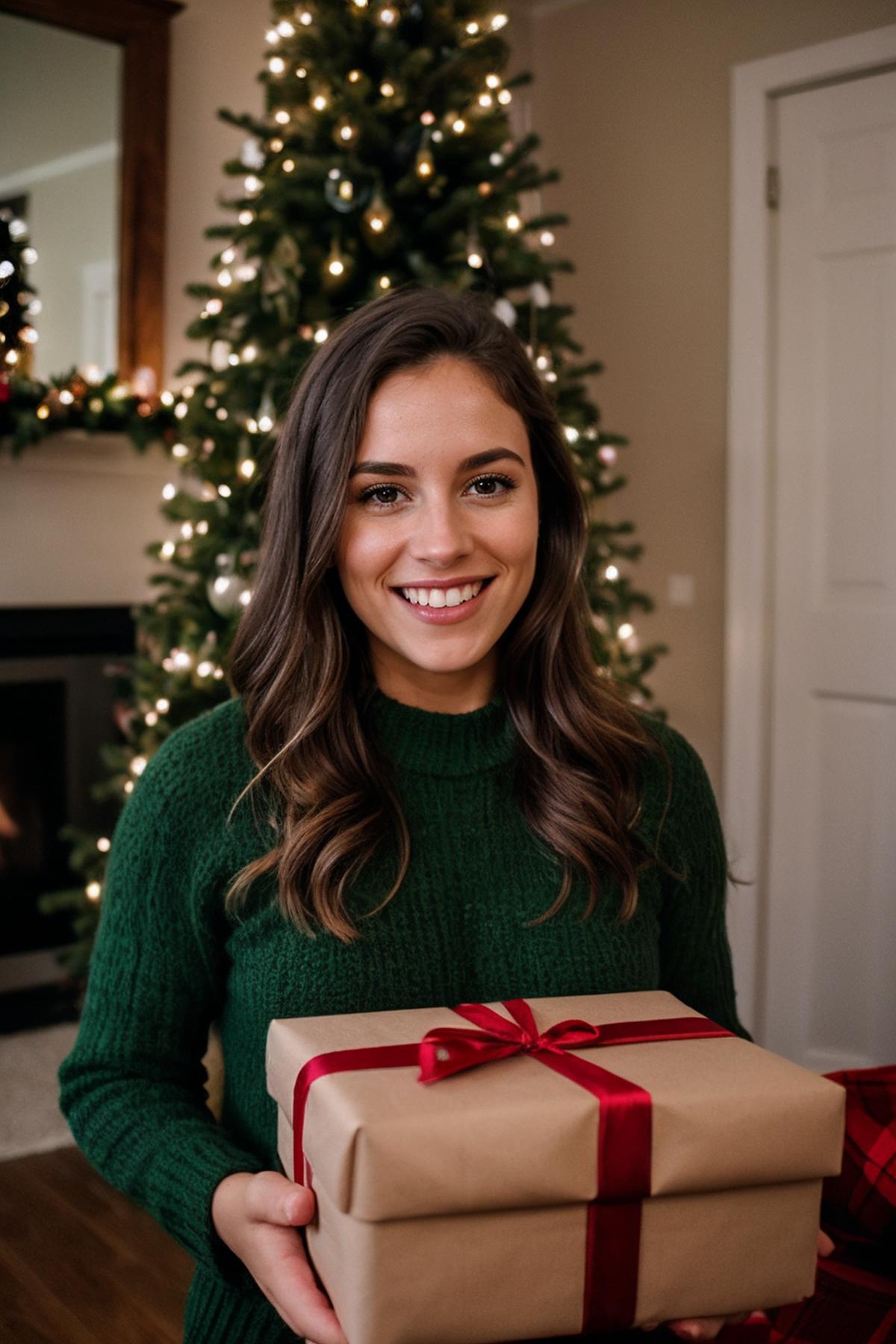 Smiling Woman Holding Brown Gift Box in Front of Christmas Tree