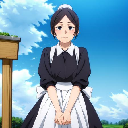 MisatoKuroi,1woman, sanpaku,black eyes, hair bun, bun cover, maid,black dress,long sleeves, maid apron,long skirt, black pantyhose,
