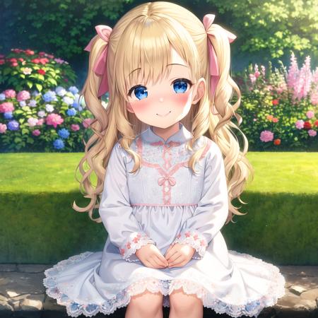 <lora:sar:0.3> srs masterpiece best quality ultra-detailed finely detail highres ((little female child)) two side up long blonde hair pink ribbon white dress lace-trimmed embroidery long sleeves blush embarrassed smile blue eyes sitting on side english floral garden