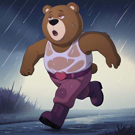 uwblackiev, brown bear, 1boy, solo pink shirt, purple pants, boots, belt, helmet tank top, purple pants, helmet, boots white underwear