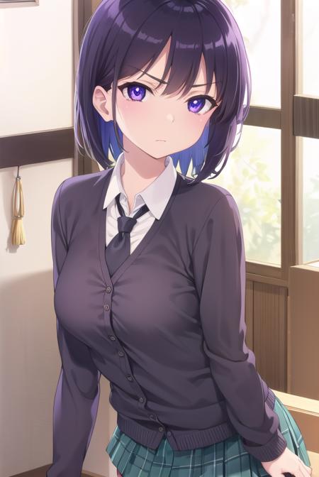 yozoramikazuki, <lora:yozora mikazuki s2-lora-nochekaiser:1>,
yozora mikazuki, short hair, black hair, (purple eyes:1.1), angry, frown,
BREAK shirt, school uniform, necktie, cardigan, black necktie, skirt, green skirt, pleated skirt,
BREAK indoors, classroom,
BREAK looking at viewer, (cowboy shot:1.5),
BREAK <lyco:GoodHands-beta2:1>, (masterpiece:1.2), best quality, high resolution, unity 8k wallpaper, (illustration:0.8), (beautiful detailed eyes:1.6), extremely detailed face, perfect lighting, extremely detailed CG, (perfect hands, perfect anatomy),