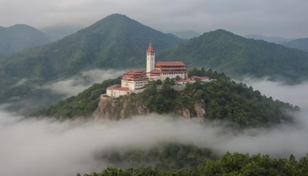 A secluded mountain-top monastery, shrouded in mist. captured on a sony A6000
