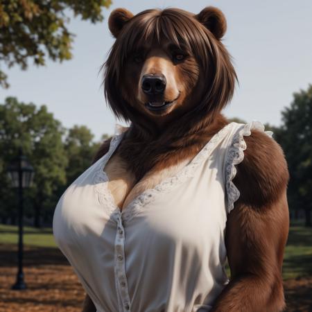 bust shot, detailed London park setting, warm lighting, (solo:1.3),
BREAK, staring into the camera, 20 years old, anthro bear grizzly bear female with tan and white fur, fat, muscular, fat muscle, short fluffy tail, brown eyes, (short brown hair, bob cut hairstyle), bear snout, bear teeth, fangs, smug expression, (realistic fur, hairy fur, wiry hair over body, fur over body, detailed fur texture), (wearing a white blouse, wearing blue jeans), large breasts, claws, paws, black paw pads