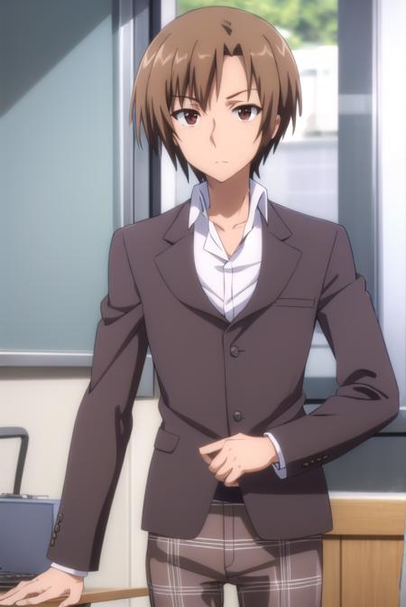 kensugisaki, <lora:ken sugisaki s2-lora-nochekaiser:1>,
ken sugisaki, short hair, brown hair, (brown eyes:1.5), male focus,
BREAK long sleeves, school uniform, jacket, pants, plaid, plaid pants, shirt, white shirt, collared shirt, brown jacket,
BREAK indoors, classroom,
BREAK looking at viewer, (cowboy shot:1.5),
BREAK <lyco:GoodHands-beta2:1>, (masterpiece:1.2), best quality, high resolution, unity 8k wallpaper, (illustration:0.8), (beautiful detailed eyes:1.6), extremely detailed face, perfect lighting, extremely detailed CG, (perfect hands, perfect anatomy),