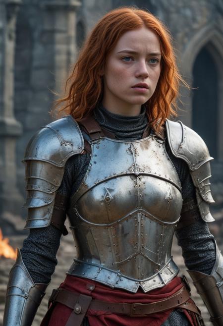 High resolution ultra-realistic of Beautiful Warrior Sadie Sink as Joan of Arc, 8k, capturing the intensity of the moment, cinematic lighting, standing on a bloody and stormy battlefield in bloody battle, wavy red hair, realistic dirty pale face, realistic blue eyes,  beautiful hourglass figure, burning in a medieval Town, intricately designed iron and silver armor, red mini skirt, Dark Ages Aesthetic, perfect athletic figure, beautiful Warrior Joan of Arc, fire, ultra realistic, cinematic style, vigorous and seductive, athletic figure, dark fantasy, dramatic lighting, wet and sweaty skin, dirty skin, athletic figure, dark fantasy, dramatic lighting, Greg Rutkowski style,, Warrior Joan of Arc on in iron armor, hyper-detailed, hyper-realistic, bright colours, Attractive 21 old years girl, Attractive, beautiful firm Breasts, sharp focus, digital painting, Photograph Taken on Nikon D750, Alphonse Mucha, 8K, athletic figure, Hyperdetailed, hyperrealism, Attractive, Attractive bust girl, asymmetric balance