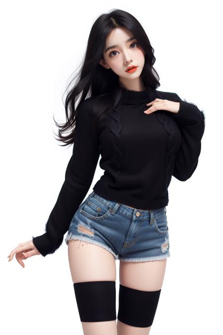 1girl,white background,(big chest:1.4),(standing:1.3),(denim_shorts:1.2),(big long legs:1.2),light leg,(black sweater:1.5),1 orange cat,purple eyes,