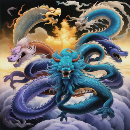 azure dragon  multiple_tails, no_humans, open_mouth, orange_eyes, smoke, teeth, tentacles, traditional_media, waves, wavy_hair<lora:aki:1>