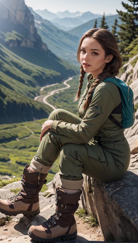 UHD, 8K, ultra detailed, a cinematic photograph of analog film photo cinematic photo (Photorealistic:1.2), (Adventurous portrait of a woman with chestnut hair in braids:1.3), (Brown eyes with a spark of excitement:1.3), (Medium bust size and a sturdy build:1.2), (Outdoor attire with hiking boots and cargo pants:1.4), (Natural sunlight for a refreshing ambiance:1.3), (Backdrop of a scenic mountain trail with lush greenery:1.3) . 35mm photograph, film, bokeh, professional, 4k, highly detailed, detailed skin texture, (blush:0.5), (goosebumps:0.5), subsurface scattering, faded film, desaturated, 35mm photo, grainy, vignette, vintage, Kodachrome, Lomography, stained, highly detailed, found footage, beautiful lighting, great composition