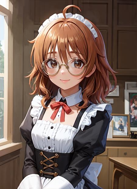 masterpiece, best quality, ultra-detailed, illustration, 1girl, solo, looking at viewer, <lora:round_glasses-v17h:1>, yellow-framed eyewear, enmaided, maid, long sleeves, upper body, indoors, smile,  <lora:arakiHinaTHEIdolmSTER_v11:0.8> , araki_hina, orange hair, brown eyes, ahoge, messy hair, medium hair