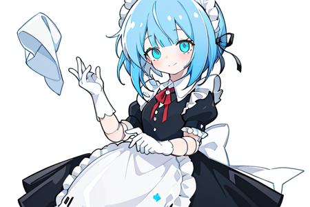 blue hair, gloves, blue eyes, apron, maid, white gloves, short sleeves, short hair, black background, dress, maid headdress, ribbon, simple background, puffy sleeves, puffy short sleeves, black dress, looking at viewer, frills, maid apron, white apron, closed mouth, joints, red ribbon, bow, bangs, adjusting gloves,