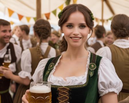 felicity_jones,<lora:FelicityJonesXL:1>, ponytail, green ribbon,dirndl, oktoberfest, looking at viewer, smiling, happy, medium shot, interior of a beer tent, holding beer, playful ambience, ((perfect eyes, detailed eyes,realistic eyes)), ((sharp face, detailed face, realistic face, naturtal skin, realistic skin, detailed skin, pores))