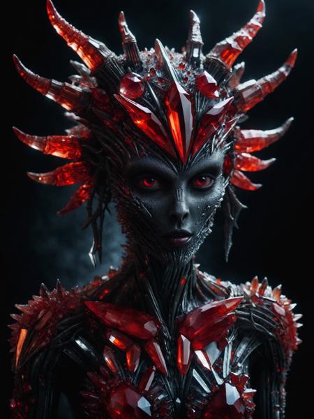 portrait photo of satanic xenomorph cute woman, nightmare female demon with crystal horns, sexy look, bloody red sharp crystals, beautiful evil face, metal skin, red eyes, detailed eyes,  dark cave in the background, visually stunning, intricate, studio light, photo awards, sharp focus, crystalz, <lora:crystalz-sdxl:1> <lora:add-detail-xl:2> <lora:JuggerCineXL2:1>