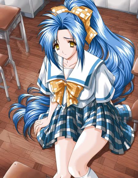 Ai_akumu, blue hair, long hair, ponytail, hair ribbon, yellow eyes, breasts, Yellow plaid bow,