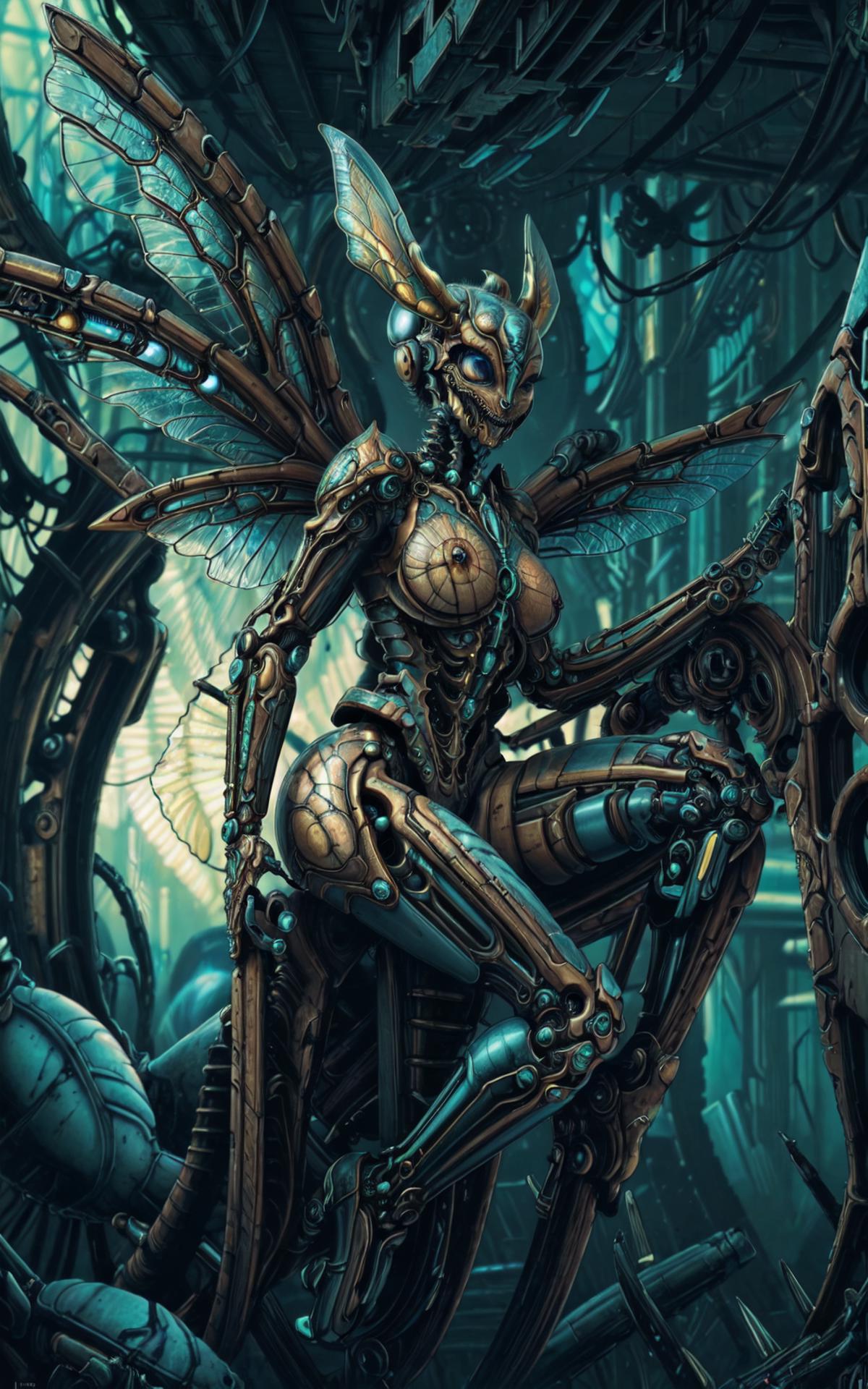 A Robot Woman With Wings Sitting Inside a Machine.