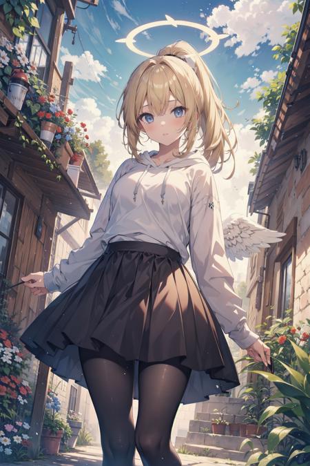 1girl, blonde hair, white angel halo, ponytail, hoodie shirt, skirt, pantyhose, from below, garden scenery, ultra-detailed, (masterpiece, best quality:1.2), hdr, highres,