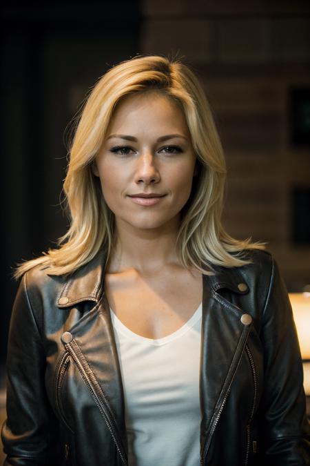 RAW photo of helfisch, face portrait, blonde, leather jacket, 8k uhd, dslr, soft lighting, high quality, film grain, Fujifilm XT3,  <lora:helfisch:1>