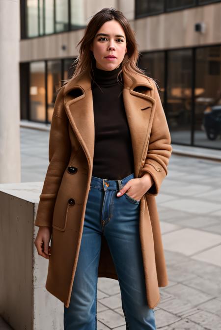 photo of (L0uS4nd01:0.99), a woman, RAW, close portrait photo, (long brown coat:1.2), (nice top,:1.2), (high rise jeans:1.2), (high detailed skin:1.2), 8k uhd, dslr, soft lighting, high quality, film grain, Fujifilm XT3 sharp focus, f 5.6