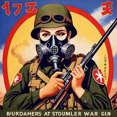 Create a photorealistic promotional poster featuring a 1930s special forces soldier wearing a vintage gas mask. The soldier should be in a dynamic pose, perhaps holding a period-appropriate weapon like a Thompson submachine gun. The background should evoke a 1930s war setting, possibly with trenches, barbed wire, or old military vehicles. The gas mask should look authentic to the period, with intricate details like filters and eye lenses. The soldier's uniform should also be historically accurate, complete with badges, patches, and other insignia. Dramatic lighting should highlight the soldier and create a sense of urgency and action. Text elements promoting the game, such as the game's title and tagline, should be prominently displayed in a font that complements the vintage aesthetic,<lora:oldjpposter:0.55>