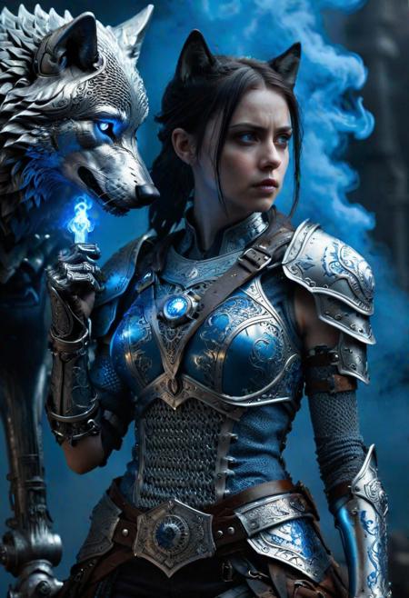 One-armed warrior woman, stoic expression, battle-worn, prosthetic arm (gothic mechanical design, intricate engravings), glowing blue energy core, moonlight illuminating the scene, detailed chainmail armor, wolf companion standing beside her (loyal, fierce), smoke rising from the battlefield, portrait focus, dark color palette with subtle blue accents