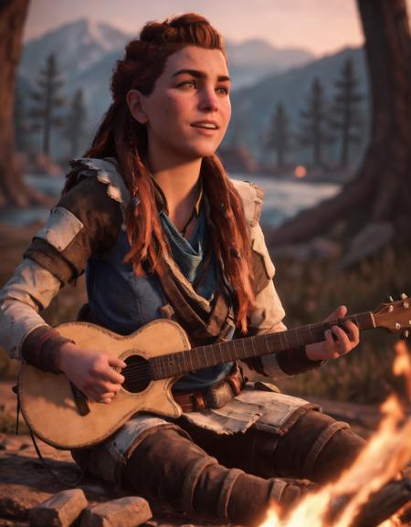 <lora:AloySDXL:0.7> Aloy singing and playing the guitar while sat around a campfire