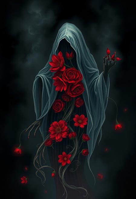 A hauntingly beautiful red floral ghost enveloped in an eerie mist, illustrated in the style of gothic art, intricate details, delicate petals, dark shadows, ethereal atmosphere