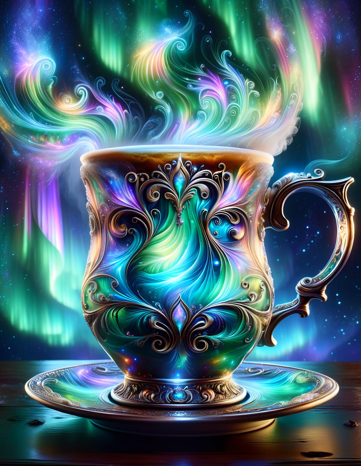 A colorful coffee mug on a saucer with a colorful background.