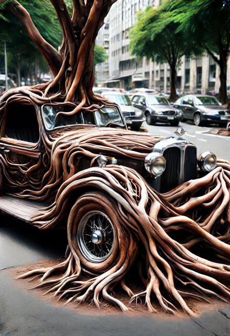 morph-treeroots , vintage car,polished chrome details,classic style design,in city,photography<lora:tree roots_0_100_V1-000008:1>
