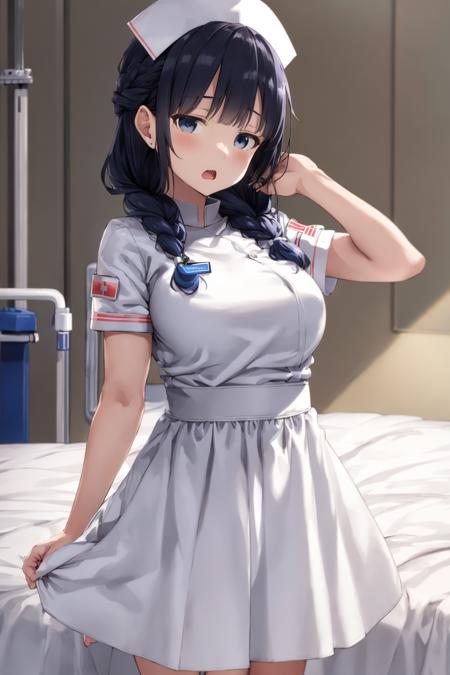 [[[[1girl]]]],ultra-detailed, masterpiece,hospital room,white nurse,nurse uniform:1.1,(((all white dress))), kawaii,bangs, (jewel-like blue eyes:1.4) and hair,french braid hospital,breasts,nurse ,short_sleeves, looking_at_viewer, light_open_mouth, stand_up, solo, nurse,dissolving dress,  <lora:SilvermoonMix2:1>