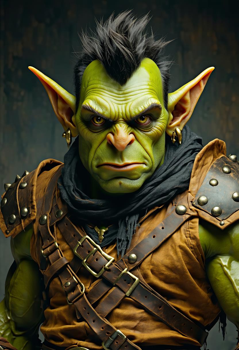 highly detailed cgi rendering of a fantasy character, specifically a goblin, rendered in a realistic, hyper-realistic style, the goblin is depicted in a close-up, frontal view, showcasing its muscular, green skin, pointed ears, and a stern, determined expression, his eyes are large and expressive, with a piercing gaze, and his hair is a vibrant green, spiked, and slightly disheveled, giving him a rugged appearance, he wears a dark brown leather armor with metal studs and straps, accentuating his muscular physique, the armor is worn over a brown leather vest with a prominent buckle, adding a rugged, battle-ready look, the background is a gradient of dark to light gray, which contrasts sharply with the goblin's skin tone, making it stand out prominently, the texture of the leather armor is smooth and detailed, with visible rivets and a worn, aged appearance, the overall mood of the character is intense and menacing, with sharp, angular features and a sense of readiness for battle, the lighting is soft and highlights the textures of the armor and skin, giving it a lifelike quality, highly polished, with meticulous attention to detail in the character's facial features and expressions, making them appear almost lifepaint, the image exudes a blend of fantasy and realism, blending elements of realism and fantasy art



