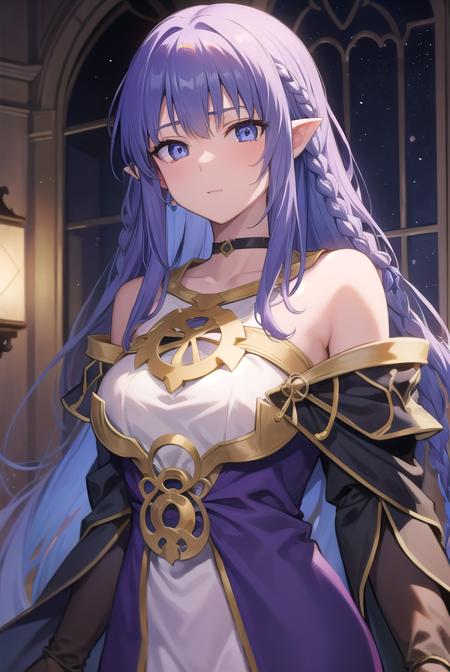 medea, blue hair, long hair, (purple eyes:1.1), purple hair, braid, hair braid, single braid, pointy ears, choker, cloak, hood, jewelry, magic, ring, robe, solo, witch,